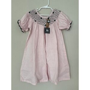 NWT Madison Mathews 100% Linen Pink/Green Smocked Dress Girl's Large/8 READ